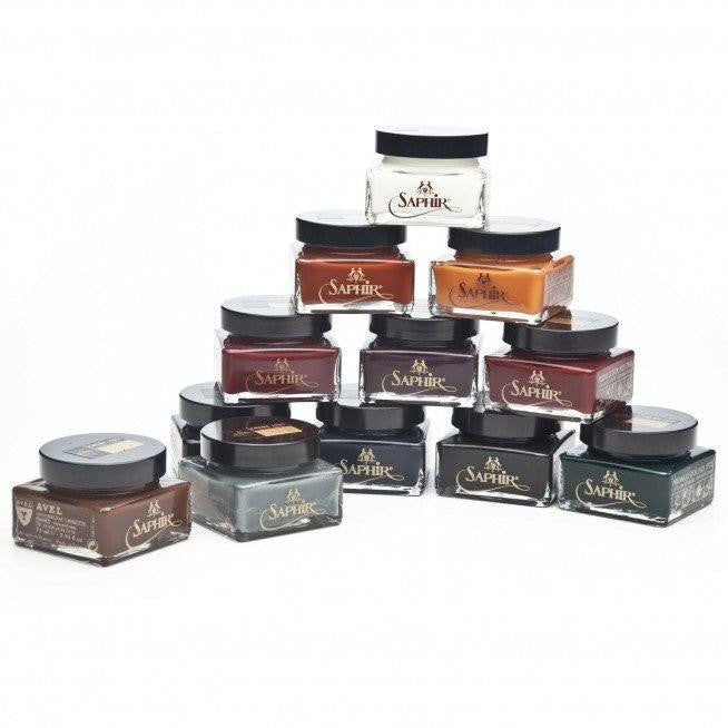 shoe care, leather care, saphir renovateur, polish, black, dark green, black, dark brown, burgundy, neutral, clear, medium brown 